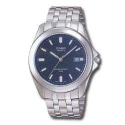 CASIO MTP-1222A-2AVEF Orologio da polso classico con lancette, quadrante blu con numeri arabi, datario, fondo a vite, bracciale in acciaio con chiusura di sicurezza