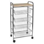 Artex - Carrello cucina cromato con 4 cesti estraibili e maniglie in plastica. Vassoio in legno massello. 4 ruote piroettanti