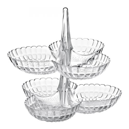 Guzzini 19920100 Set antipastiera: ancorate ad un supporto verticale troviamo tre ciotole dimensionate per contenere patatine, pistacchi, arachidi e piccoli snack e , grazie ad un meccanismo ad incas