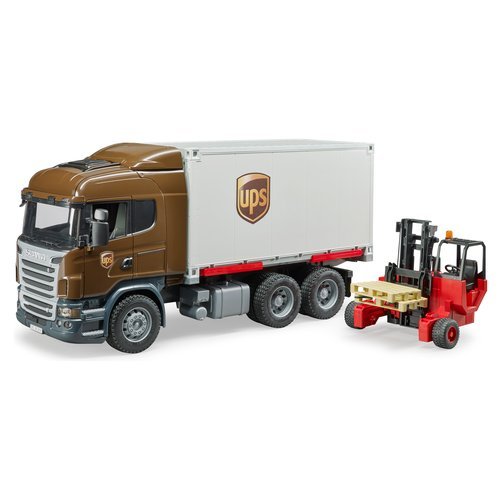 Bruder 03581 Riproduzione fedele dello Scania R serie Ups completo di carrello elevatore per spostamento pallet. Scala 1:16