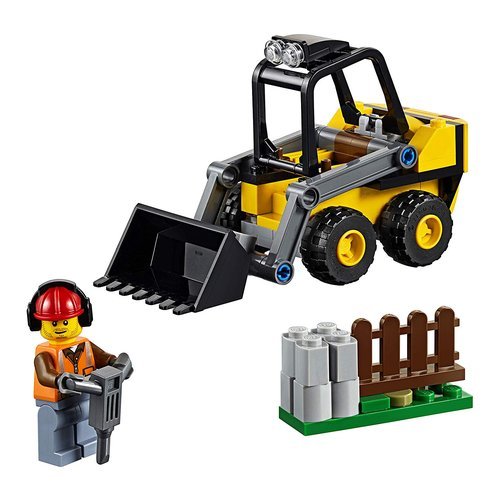 60219 Include la minifigure di un operaio edile LEGO City. Contiene una ruspa da cantiere giocattolo con braccio anteriore sollevabile e pala inclinabile e roll-bar Gli accessori includono un martell