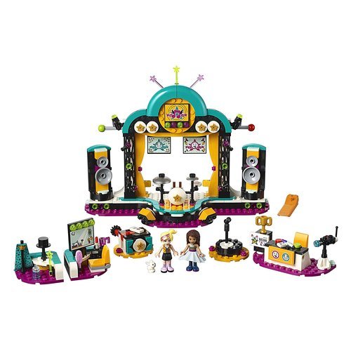 Lego 41368  Contiene un palco principale con altoparlanti rotanti, più 3 mini palchi rotanti separati, 2 aree di backstage, una giuria con funzione di bandiera e pulsante di voto, un supporto per col