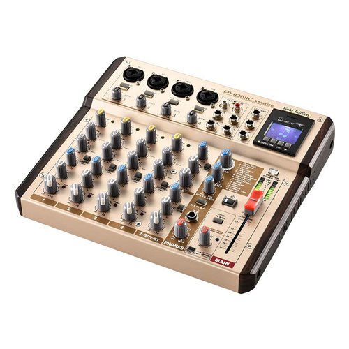 PHONIC AM 8 GE è un mixer a 8 canali con gain, comp, alti, bassi, efx, pan, master e peak led sui canali 1, 2, 3, 4 e efx, pan e master sui canali 7 e 8 PHONIC AM 8 GE è dotato di alimentazione Phant