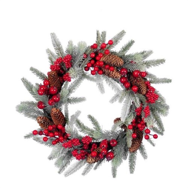Corona Natale Amicasa 092245 Pigne e bacche Verde brinato e Rosso