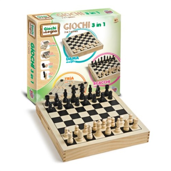 Gioco Grandi Giochi GG95023 GIOCHI IN LEGNO Dama, Scacchi e Tria 3 in 