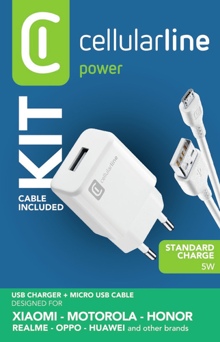 Cellularline USB Charger Kit - Micro USB Cavo e caricabatterie 5W in un'unica soluzione Nero