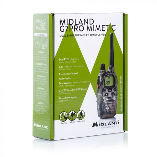 Midland G7 PRO Mimetic ricetrasmittente 69 canali 446.00625 - 446.09375MHz (PMR), 433.075 - 434.775MHz (LPD) Mimetico
