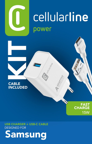 Cellularline Adaptive Fast Charger Kit 15W - USB-C - Samsung Caricabatterie da rete Fast Charger 15W con cavo USB-C Bianco