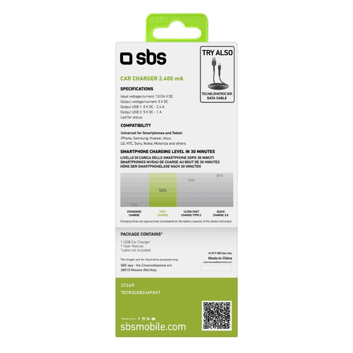 SBS TECR2USB24AFAST Caricabatterie per dispositivi mobili Nero Auto