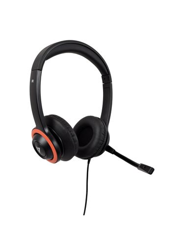 V7 Cuffie k-12 per l'istruzione Safesound con microfono, limitazione del volume, antimicrobico, cavo da 2 m, 3,5 mm, laptop, Chromebook, PC - Nero, rosso