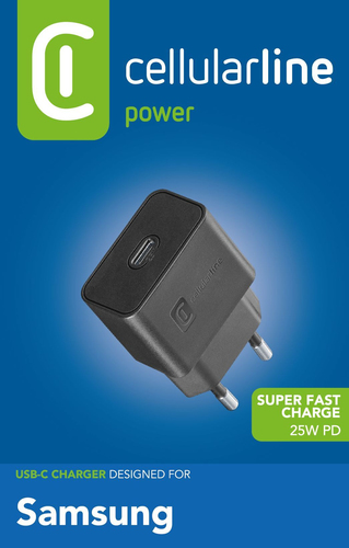 Cellularline USB-C Super Fast Charger PD 25W - Samsung A70, A80, A90, Note 10, Note 10+ Caricabatterie da rete USB-C Super Fast Charge PD 25W Nero