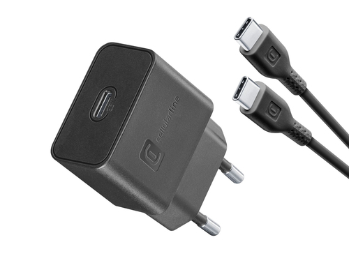 Cellularline Super Fast Charger Kit PD 25W - USB-C - Samsung A70, A80, A90, Note 10, Note 10+ Caricabatterie da rete Super Fast Charge PD 25W con cavo USB-C to USB-C Nero