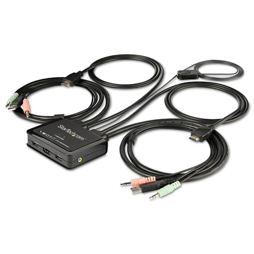 StarTech.com Switch KVM HDMI a 2 porte 4K 60Hz - Switch KVM compatto a doppia porta UHD/Ultra HD USB con cavi da 4 piedi integrati e audio - Alimentazione tramite bus e commutazione remota - MacBook T