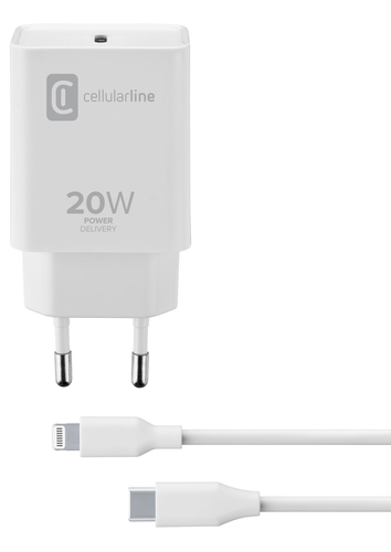 Cellularline USB-C Charger Kit 20W - USB-C to Lightning - iPad (2020) Caricabatterie da rete USB-C 20W per la carica alla massima velocità di iPad (2020) con cavo USB-C to Lightning Bianco