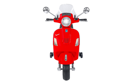 E-Spidko Vespa GTS Super Sport a batteria 12V, colore rosso, mis. 102 x 75 x 51 cm, accensione con effetti sonori, clacson funzionante, retromarcia, fari led anteriori e posteriori, sellino in pelle, 