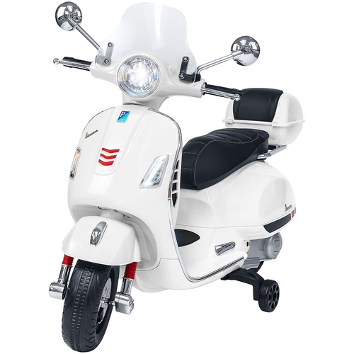 E-Spidko Vespa GTS Super Sport a batteria 12V, colore bianco, mis. 102 x 75 x 51 cm, accensione con effetti sonori, clacson funzionante, retromarcia, fari led anteriori e posteriori, sellino in pelle,