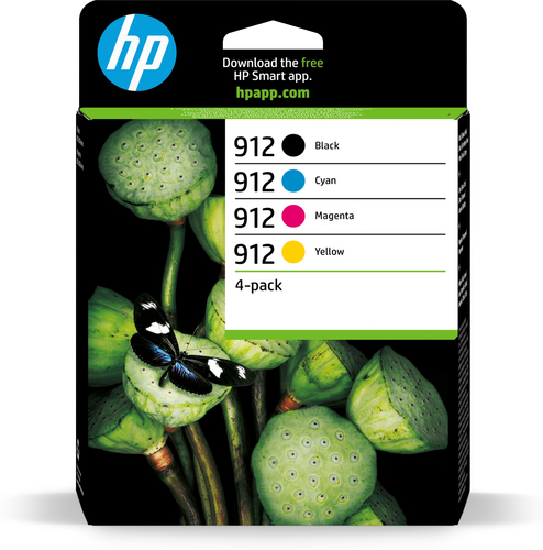 Confezione da 4 cartucce di inchiostro nero, ciano, magenta, giallo originali HP HP Confezione da 4 cartucce di inchiostro nero, ciano, magenta, giallo originali 912, Resa standard, 8,29 ml, 2,93 ml,