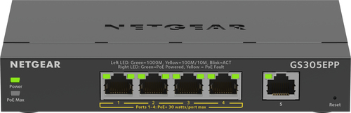 NETGEAR 5-Port Gigabit Ethernet High-Power PoE+ Plus Switch (GS305EPP) Gestito L2/L3 Gigabit Ethernet (10/100/1000) Supporto Power over Ethernet (PoE) Nero
