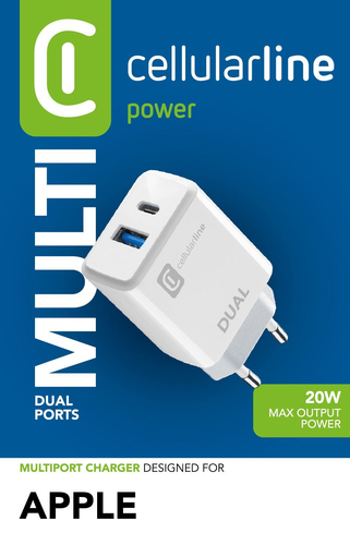 Cellularline Dual Charger - iPhone 8 or later Caricabatterie da rete con 2 porte USB e USB-C per la carica simultanea di due dispositivi Apple Bianco