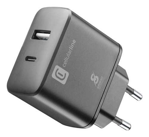 Cellularline Dual Super Fast Charger 25W - Samsung Caricabatterie da rete 2 porte USB e USB-C con tecnologia Super Fast Charge 25W