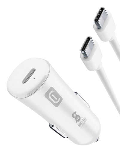 Cellularline Super Fast Car Power Kit 25W - USB-C to USB-C - Samsung Caricabatterie da auto USB-C Super Fast Charge 25W con cavo USB-C to USB-C Bianco