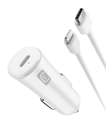 Cellularline USB-C Car Charger Kit 20W - USB-C to Lightning - iPhone 8 or later Caricabatterie da auto USB-C 20W per la carica alla massima velocità di iPhone 8 e successivi con cavo USB-C to Lightnin