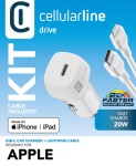 Cellular Line - Cellularline USB-C Car Charger Kit 20W - USB-C to Lightning - iPhone 8 or later Caricabatterie da auto USB-C 20W per la carica alla massima velocità di iPhone 8 e successivi con cavo USB-C to Lightning Bianco, Auto, Accendisigari, 1 m, Bianco