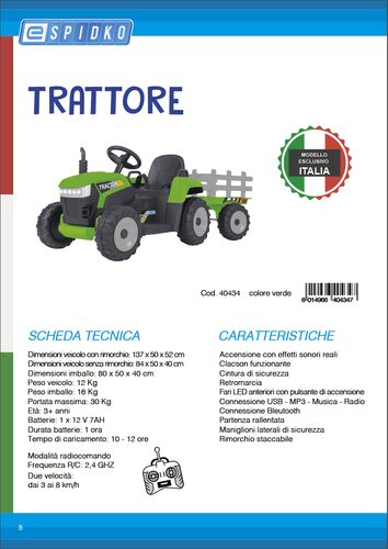 Trattore elettrico Globo 40434 SPIDKO 12V 7 Ah con rimorchio Verde