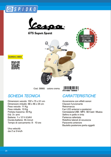 Moto elettrica Globo 39985 ESPIDKO Vespa Gts Super Sport Crema Crema