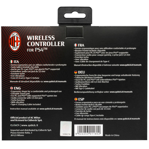 Gamepad Qubick ACP40179 PLAYSTATION 4 Ac Milan Flames Wireless Rosso e