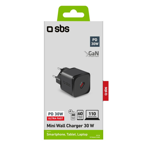 SBS TETRGAN1C30W Caricabatterie per dispositivi mobili Cuffie, Computer portatile, Smartphone, Orologio intelligente, Tablet Nero AC Ricarica rapida Interno