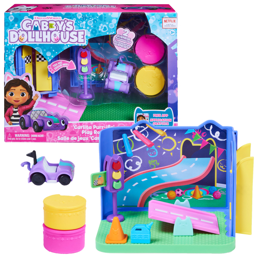 Gabby's Dollhouse , Stanza dei giochi Carlita Purr-ific con la macchinina giocattolo Carlita, accessori, mobili e scatola con sorpresa, per bambini dai 3 anni in su
