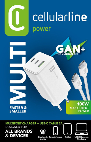 Caricabatterie Cellular Line ACHKITGAN100WTABW MULTIPOWER 100W Gan Whi