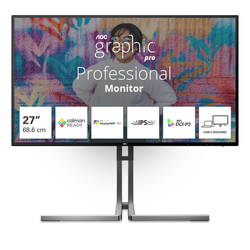 Monitor Aoc U27U3CV GRAPHIC PRO UHD Pivot Black e Grey