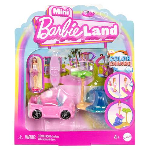 Set bambola Mattel HYF38 BARBIE LAND Mini con veicolo color change Ass