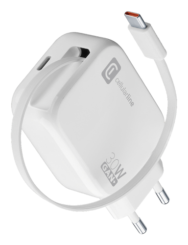 Caricabatterie Cellular Line ACHROLLUSBCGAN30WW RETRACTABLE 30W GaN Wh