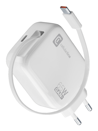 Caricabatterie Cellular Line ACHROLLUSBCGAN65WW RETRACTABLE 65W GaN Wh