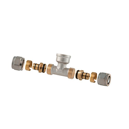 TDMB 313-TD1455-052004 RACCORDO TEE FEMMINA A COMPRESSIONE PER MULTISTRATO 2PZ ASSEMBLATO