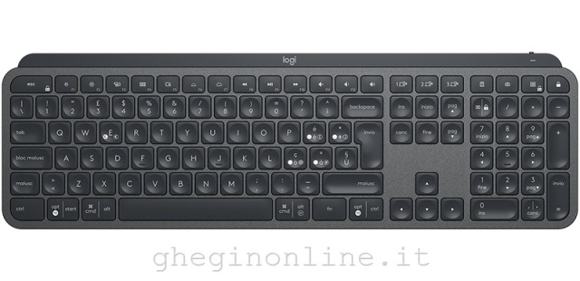 Logitech , MX Keys, tastiera wireless avanzata con illuminazione, digitazione reattiva, retroilluminazione, Bluetooth, USB-C, Apple, macOS, Microsoft Windows, Linux, iOS, Android, struttura in metallo