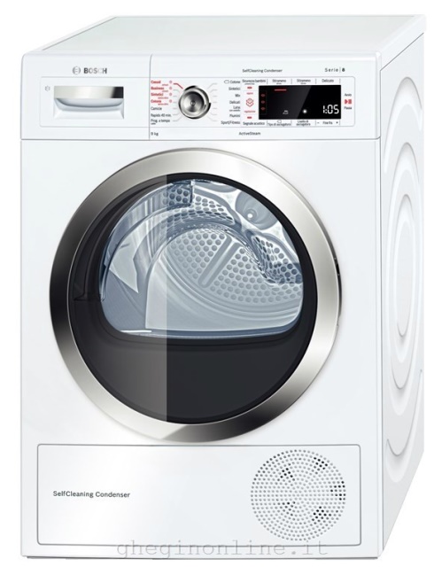 Bosch Serie 8 WTW855R9IT, Libera installazione, Caricamento frontale, Pompa di calore, Bianco, Manopola, Touch, Destra