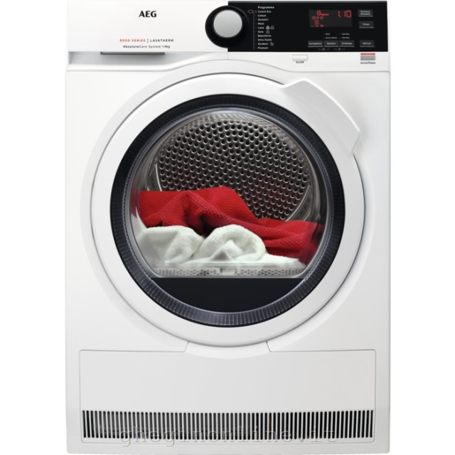 916 098 840 AEG T8DBE843, Libera installazione, Caricamento frontale, Pompa di calore, Bianco, Pulsanti, Manopola, Sinistra