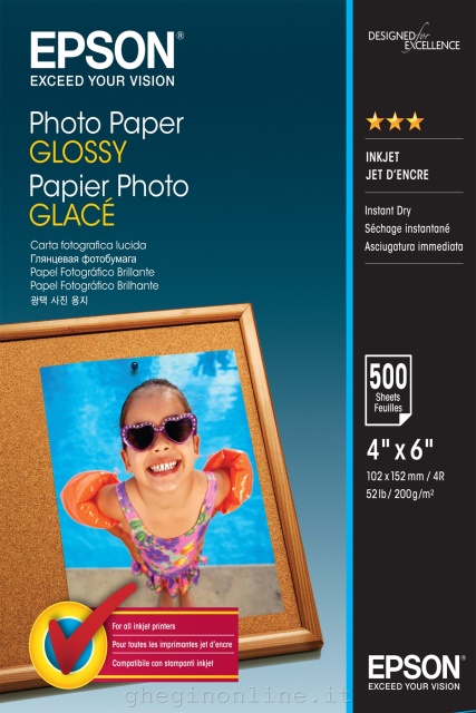 C13S042549 Epson Photo Paper Glossy - 10x15cm - 500 Fogli, Lucida, 200 g/m², 500 fogli, - WorkForce WF-7610DWF - WorkForce WF-7110DTW - WorkForce WF-3620DWF - WorkForce WF-2750DWF -..., 100 mm, 150 mm